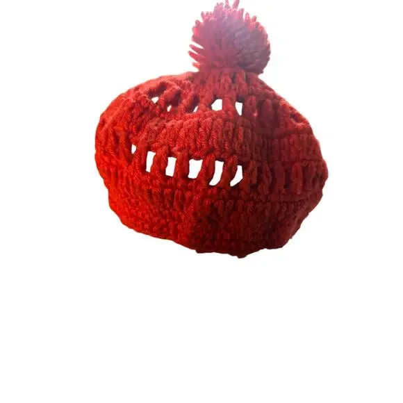 Vintage Deep Orange 100% Acrylic Made in Japan Knit Beanie Puff Top One Size - Picture 4 of 5